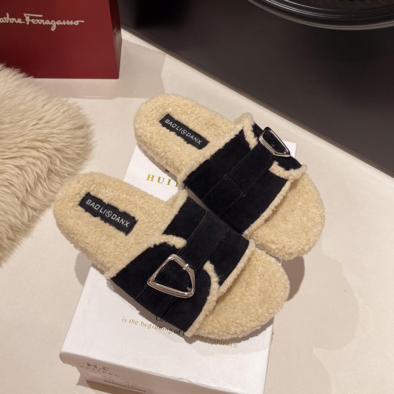 

Пушистые тапочки на толстой подошве для женщин, для ношения осенью и зимой, новые модные универсальные хлопковые тапочки с открытым носком на одной пуговице 40 чёрный