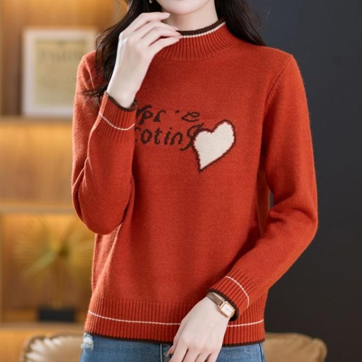 Women's Thickened Wool Sweater Autumn Winter Half-High Neck Printed Wool Sweater Loose Knit Pullover Top