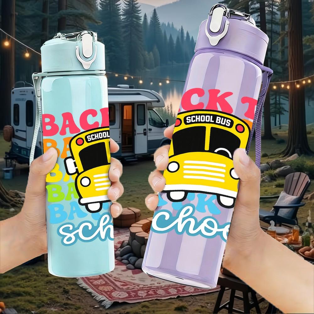 1PC Back To School Bus Kids Art 750ml Color Plastic Sports Water Bottle Leakproof Flip Straw Lid Suitable for Sports Office Home Use