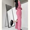 Pure desire sexy hottie low neck slim fit slim and thin pleated bottom skirt back split hip skirt long sleeve fishtail dress