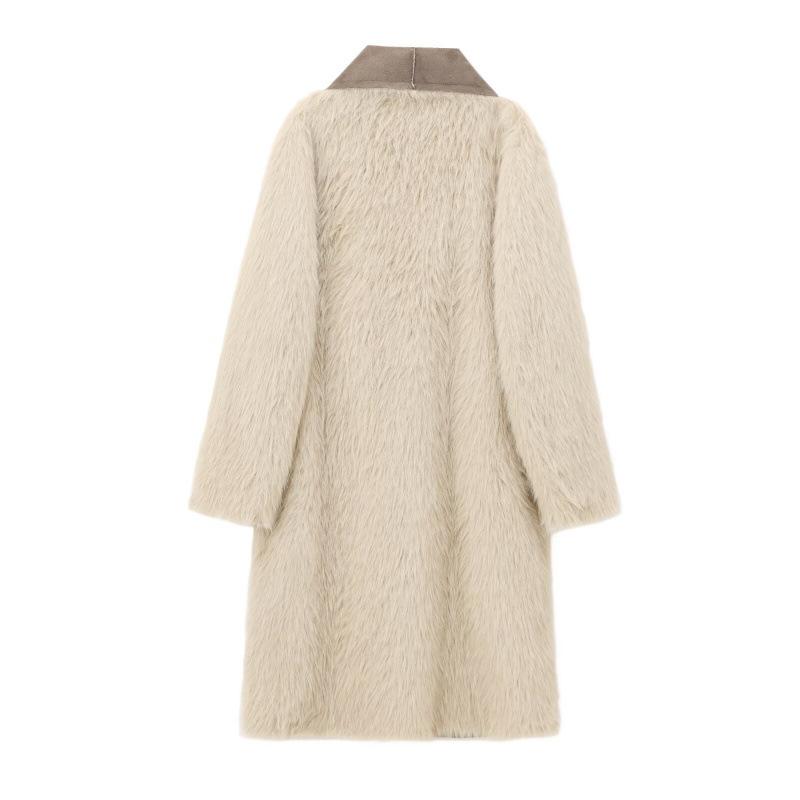 Women's clothing autumn and winter European and American contrasting colors lapel collar large pocket decoration double-sided wear artificial fur coat