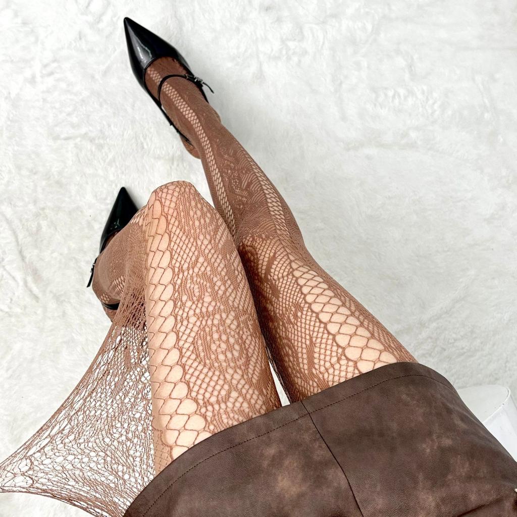 Sexy Hollow Lace Fishnet Socks American Stockings Retro Coffee Vertical Striped Pantyhose Women With Leg Covers