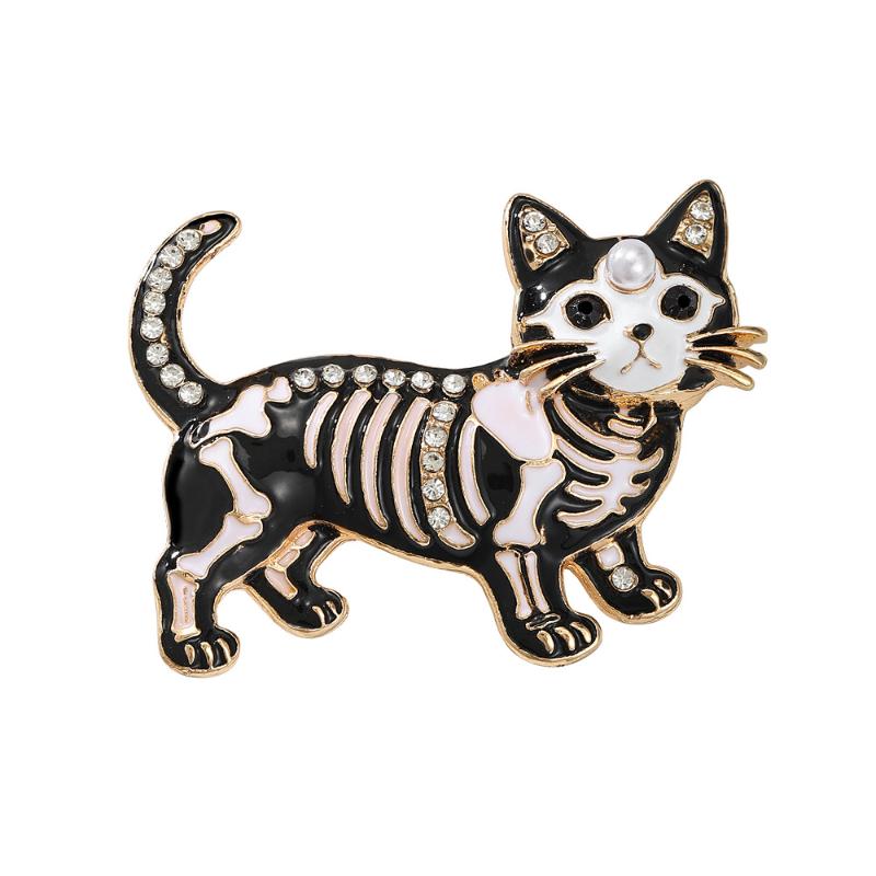 Baroque Halloween Skeleton Cat Dripping Oil Brooch Animal Themed Brooches Pins For Men Women Festive Party Accessories Gift