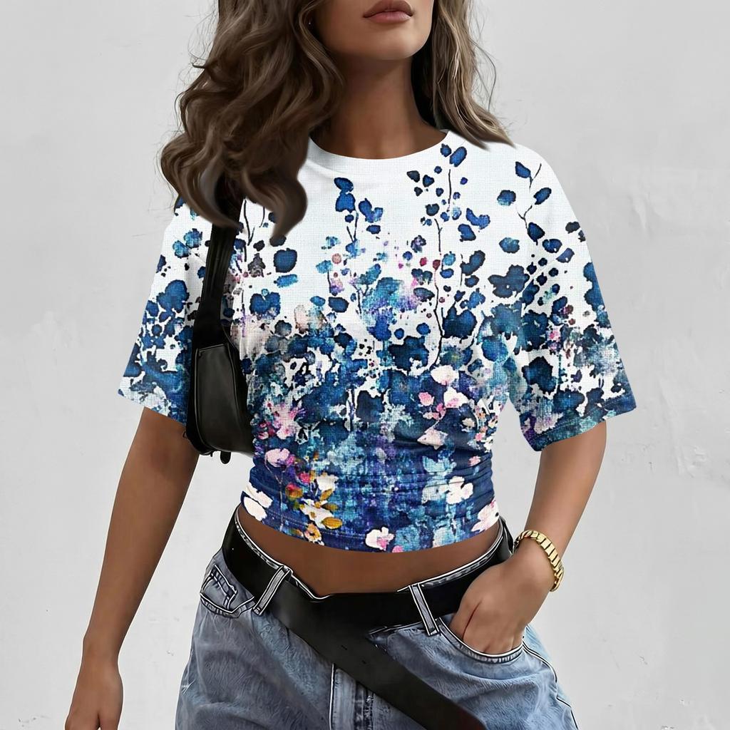 Women's Crew Neck Pullover T-Shirt Floral Print Short Sleeve Casual Loose Fit Top Lightweight Summer Tee