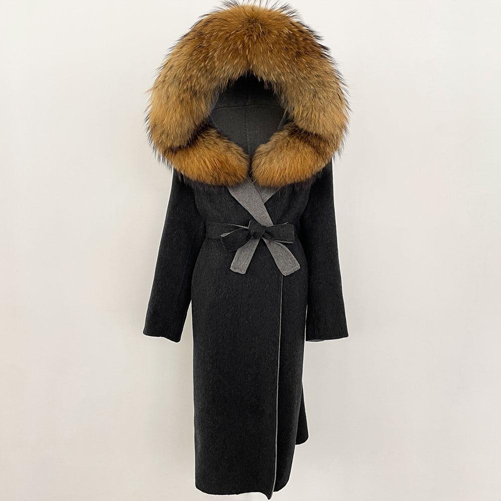 OFTBUY Winter Women Coat Real Natural Fox Fur Hooded Detachable Collar Double-faced Woolen Jacket Long Casual Elegant Overwears