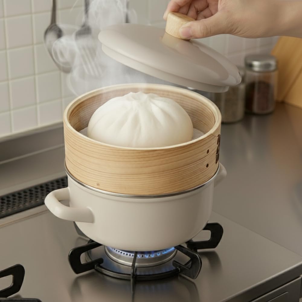 Fuji Enamel Pot, 18cm, with Steamer, Greige, AMZ-SER18.GG