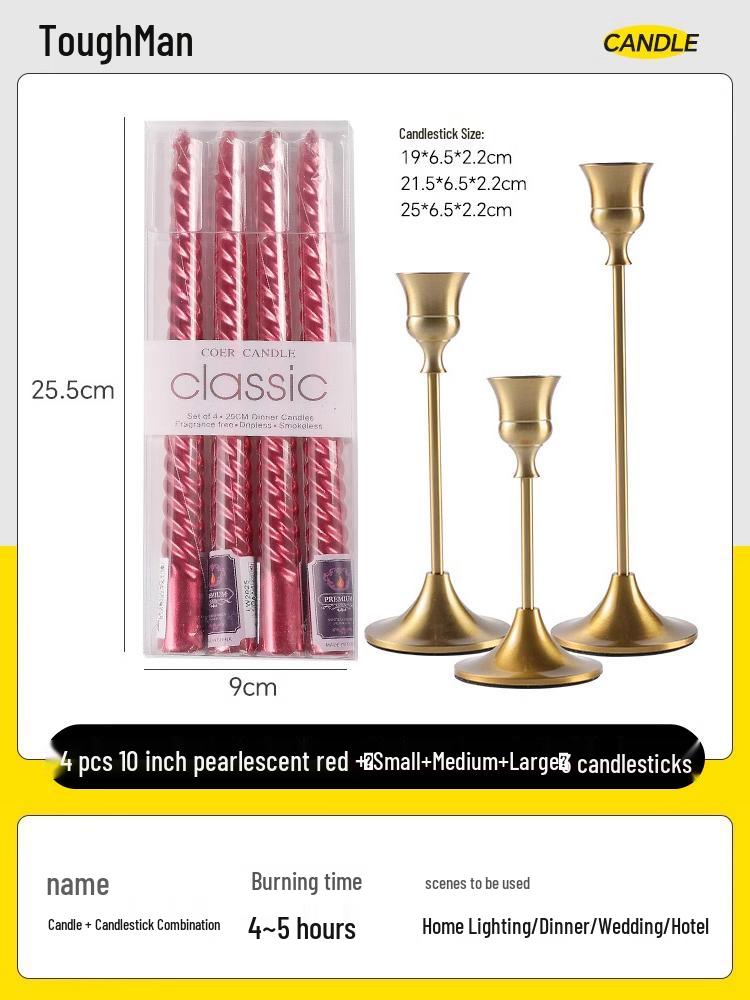 Gold Spiral Candlestick for Romantic Candlelight Dinner - Long, Smokeless, White Candle