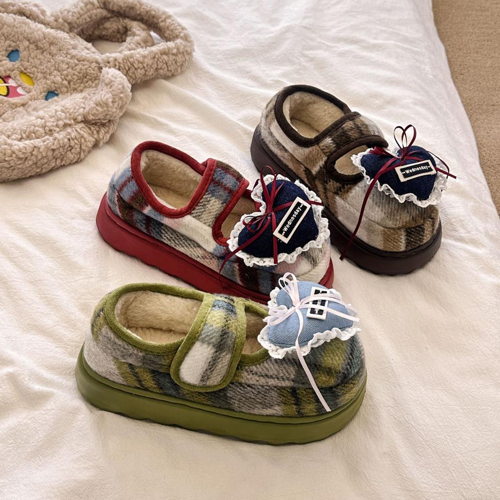Korean version of cute Mickey plaid cotton shoes for women's 2025 new home warmth and outer wear thick-soled plush cotton shoes