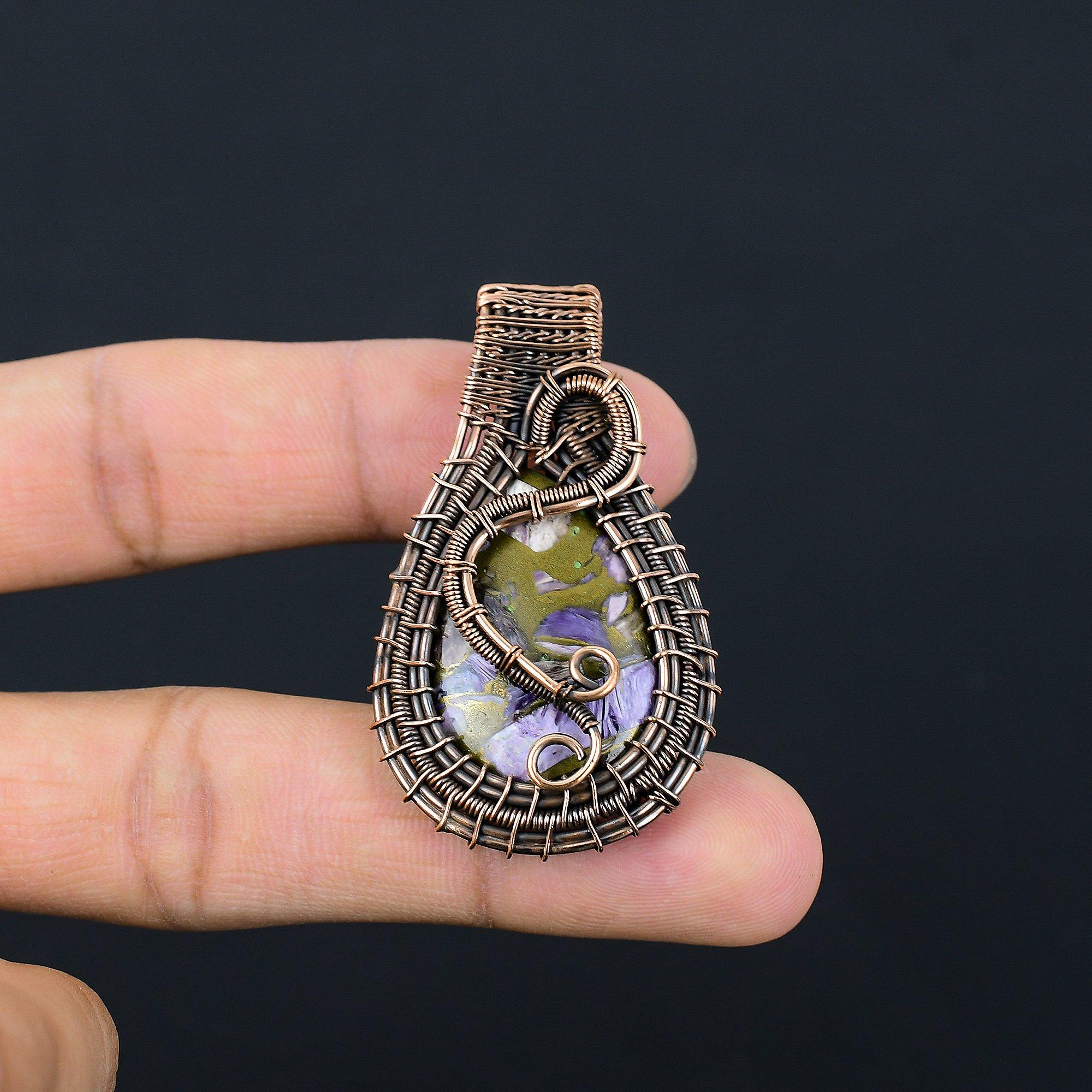 

Copper Charoite Pendant Gemstone Jewelry, 999 Copper Wire Wrapped Pendant, Handmade Gift For Wife Pendant Jewelry 2.55 Inches