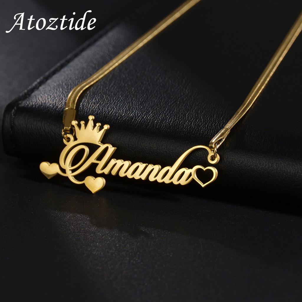 Atoztide Gepersonaliseerde Custom Naam Kettingen Kroon Hart Roestvrij Staal Hanger Mes Ketting voor Vrouwen Kerst Sieraden Cadeau