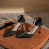 One-word Belt Hollow Girl Single Shoes Spring and Autumn New High Heels Stiletto Black Women's Single Shoes