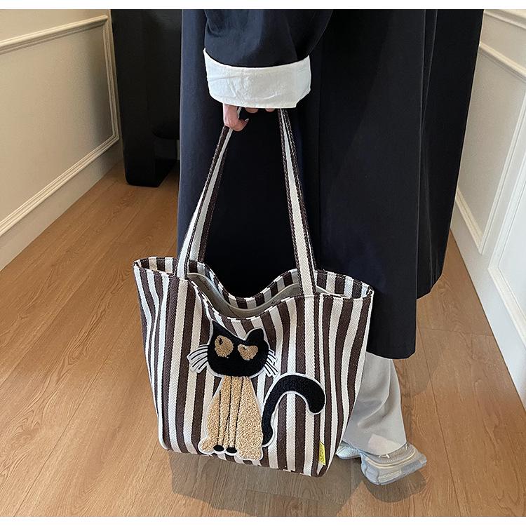 Korean Striped Cartoon Chenille Embroidery Canvas Bag - Large Capacity Cute Girl's Trendy Tote