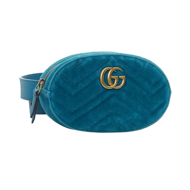 Gucci GG Marmont Marmont Gold Label Logo Gesteppte Samt Brusttasche Hüfttasche Damen Blau Grün