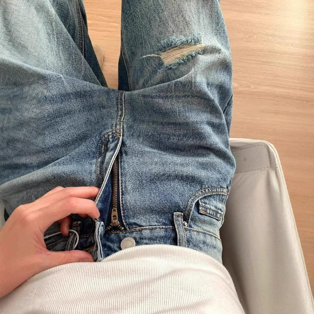 High Waisted Washed Crease Wide Leg Jeans Female Broken Holes Large Size Straight Loose Skinny Dragging Trousers Jeans for Women Long Denim Pants