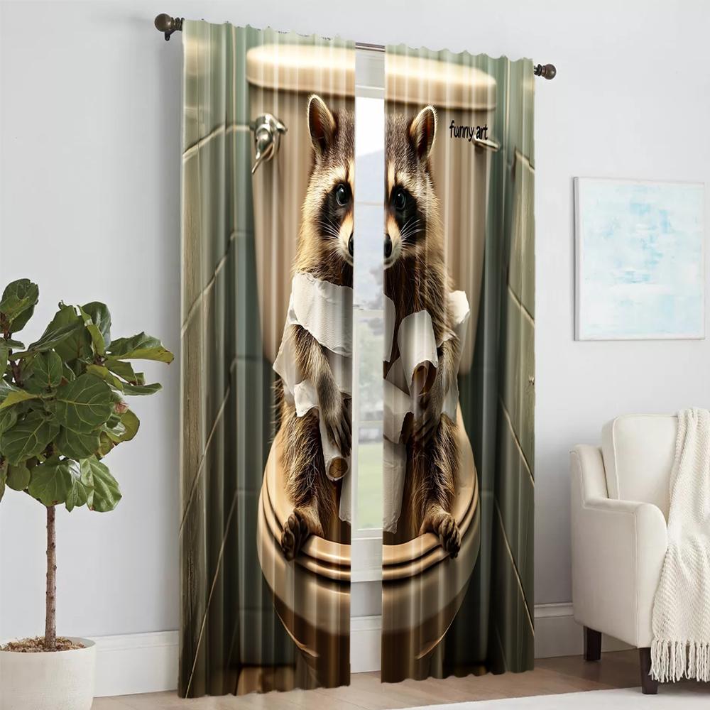 2 pcs, versatile polyester transparent curtains for home decoration Funny Raccoon for use in bedrooms and living rooms