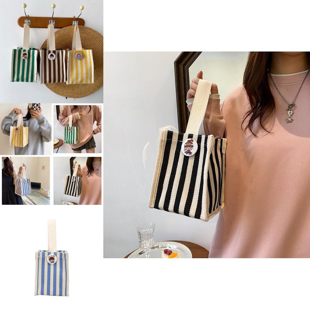 Stylish Colorful Striped Nylon Shoulder Tote Bag For Women Trendy Handheld Lunch Bag