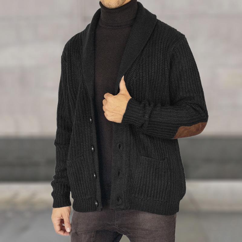 

Winter Knit Jacket with Lapel, Long Sleeves, Open Front, and Patchwork Sweater M