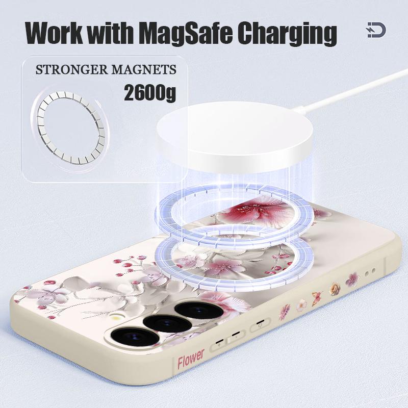 Pink White Flower Pattern Case For Samsung Galaxy S25 Ultra S24 S23 S22 Plus S21 S25 FE Magnetic For Magsafe Soft Silicone Cover