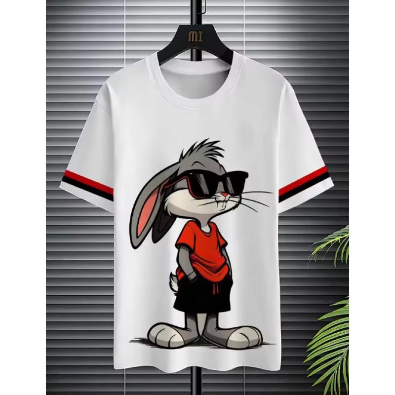 Mens Short Sleeve Graphic T-Shirt With 3D Cartoon Rabbit Print Quick-Dry Breathable Birdseye Fabric Casual Fit