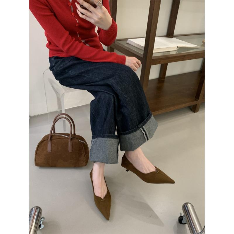 2025 nuevos tacones altos de aguja de gamuza de punta para mujer, zapatos individuales de boca poco profunda de tacón fino, versátiles para otoño, zapatos profesionales para el trabajo
