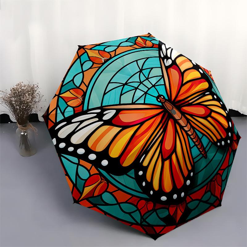 Stained Butterfly Wall Art DecorUmbrella, Portable 3-Fold Compact Umbrella for Men & Women Gift