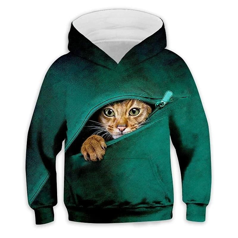 Kids Boys Girls Pullover Hoodie Animal Cat Long Sleeve Sweatshirt Children Casual Hoodies Child Pullover Tops Clothing