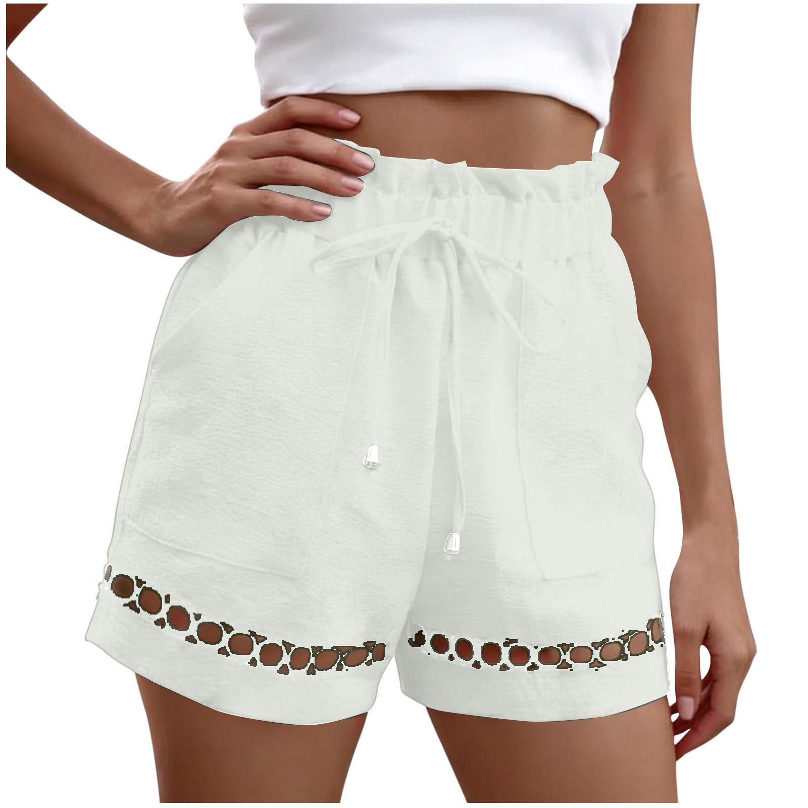 

Women’s High Waist Drawstring Shorts with Eyelet Trim and Elastic Waistband for Casual Summer Outfits Lounge Wear XL білий