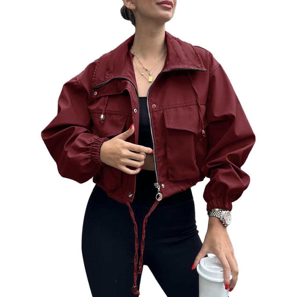 Women's Fashionable Solid Color Long Sleeved Pocket Short Jacket With Zipper Windbreaker Jacket