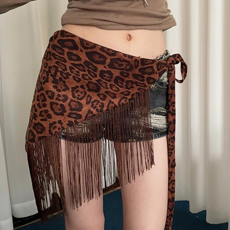 Animal Pattern Tassels Detail Hip Wrap Curtain Triangular Stretchable Belt Waistband Comfortable Daily Party Wear