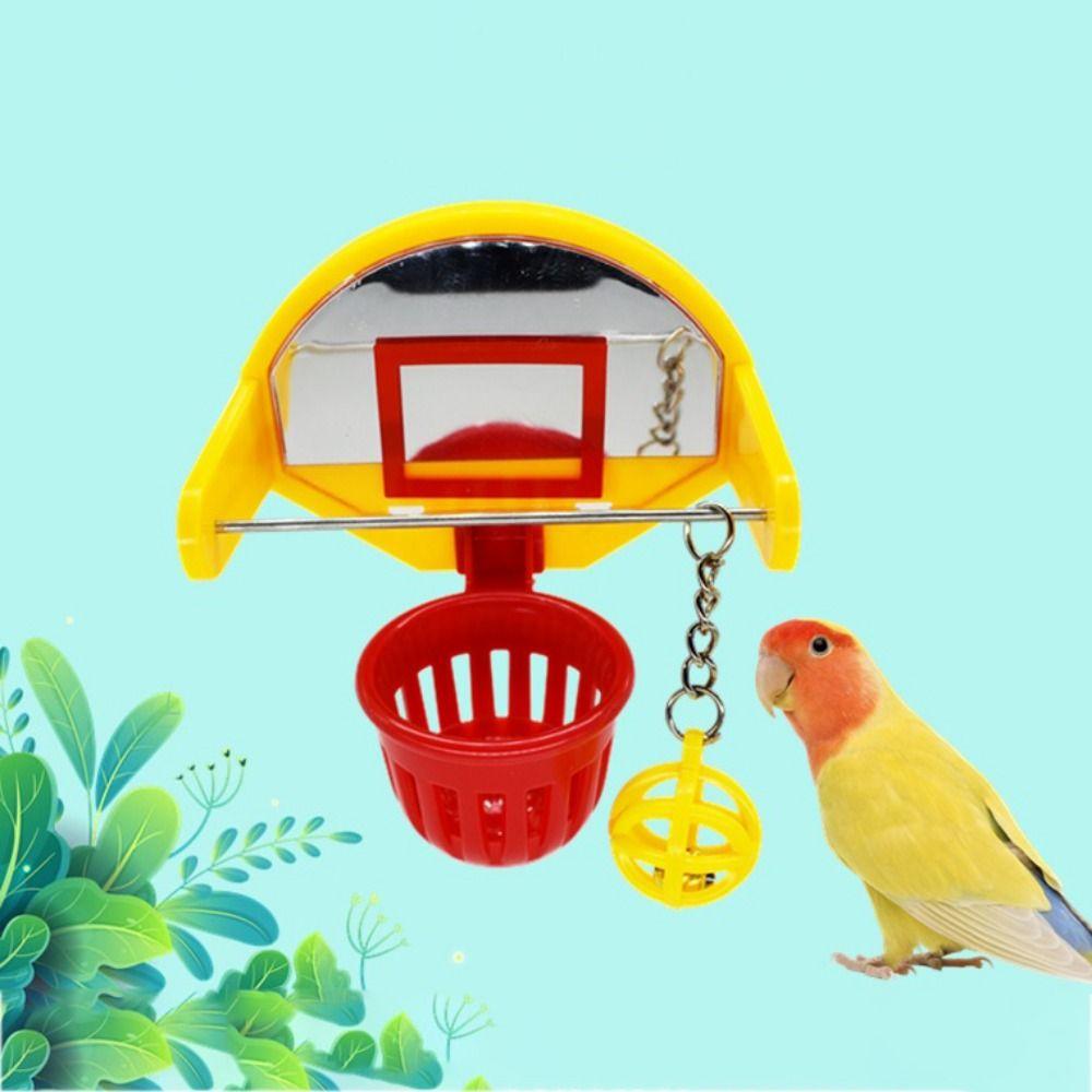 Random Color Bird Cage Mirror with Bell Hanging Parrot Basketball Toy  Parakeet