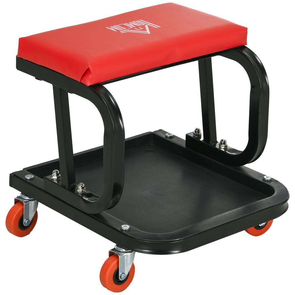 Workshop Stool, Rolling Machine Stool with 360 degrees Swivel, Padded Seat, Tool Tray, Red