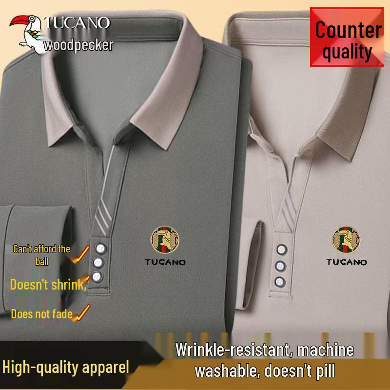 Woodpecker Men's Long-Sleeve Solid Color Polo Shirt with V-Turn Collar for Spring and Autumn.