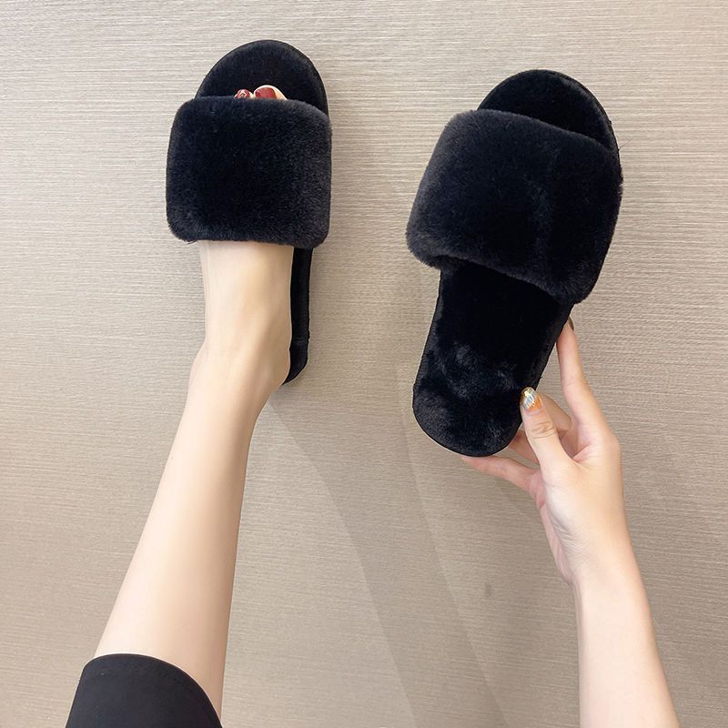 2025 Autumn and Winter New Versatile Fluffy Slippers Women's Home Flat Bottom Warm One-word Slippers Fashion Cotton Slippers
