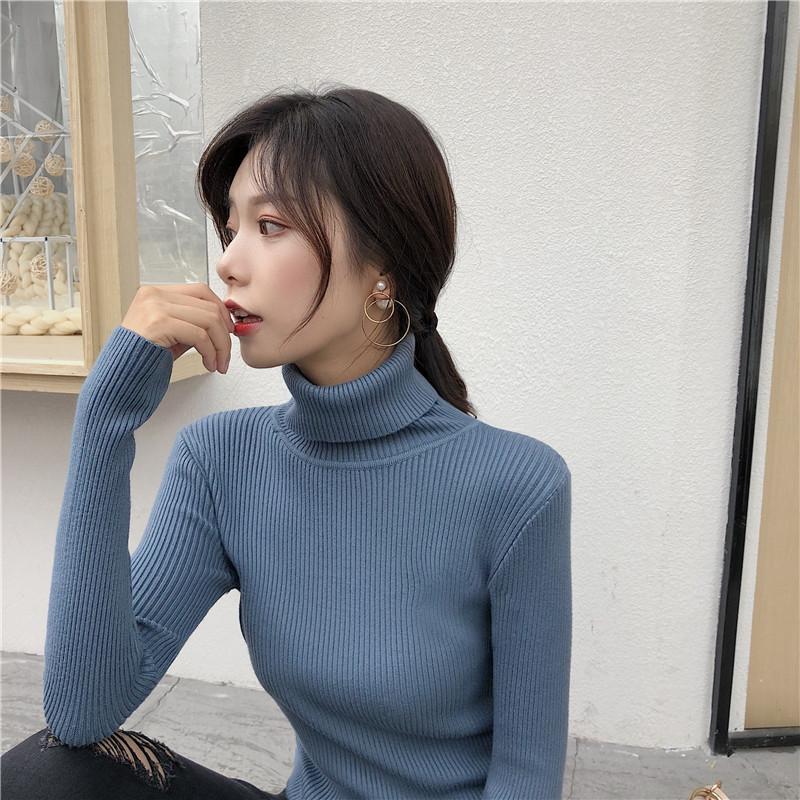 Women's Autumn Winter High Neck Slim-Fit Knit Base Layer Top In Apricot and White One Size