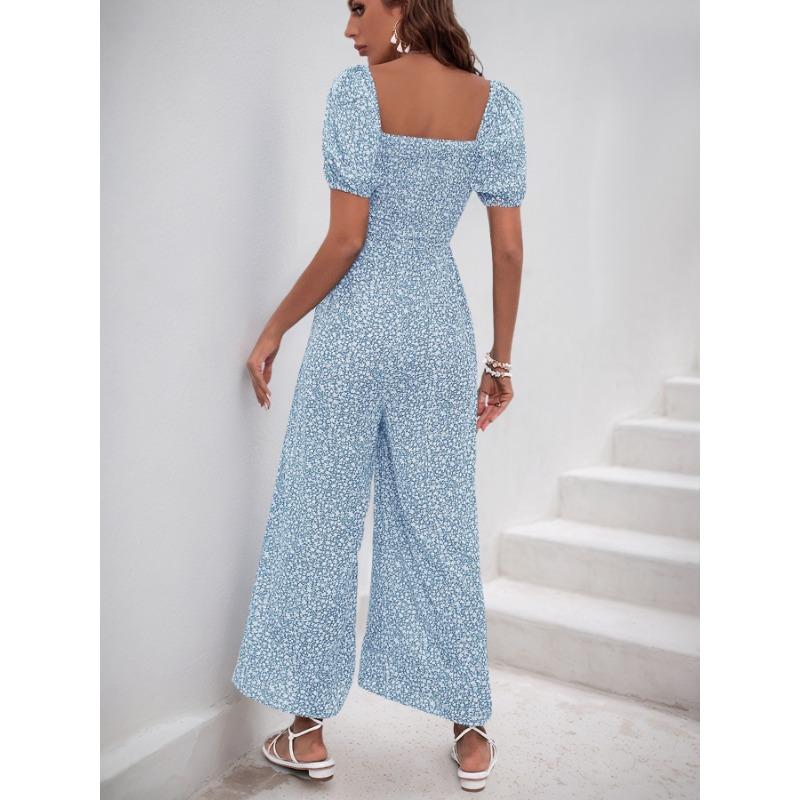 VEZFAA Women's Fashion Casual Summer Spring Short Sleeve Square Collar High Waist Trousers Jumpsuits & Rompers