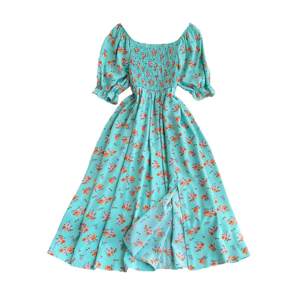 2022 Summer French Style Sweet Square Neck A-line Dress with Bubble Sleeves and Waist Slimming Slit