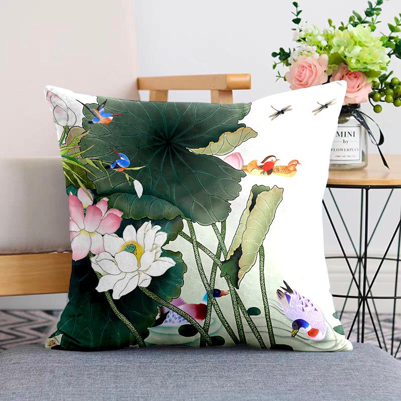 New Chinese Style Pillow Cushion Chinese Style Pillow Case Sofa Living Room Beige Lotus Zen Plush Back Pillow Case