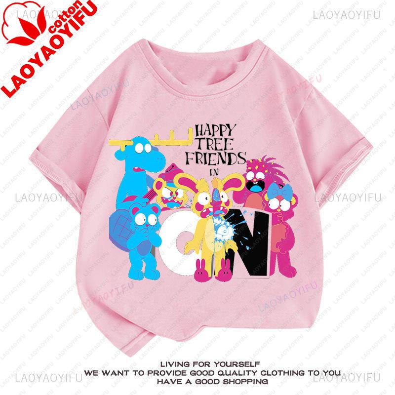 Camiseta Happy Tree Friends Estilo Kawaii Lindo Abrazos Dibujos Animados Gráfico Manga Corta Camiseta Oversize Casual Divertido Ropa Y2k