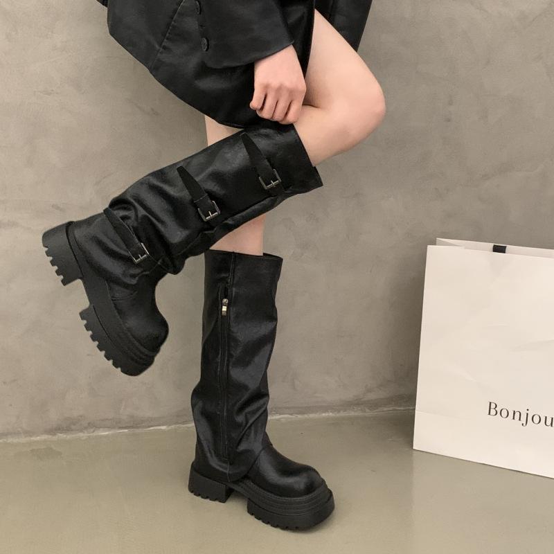 Thick-soled Pleated Belt Buckle Trouser Boots Women's 2025 New European and American Side Zipper But Knee Fashion Boots Knight Boots Tide