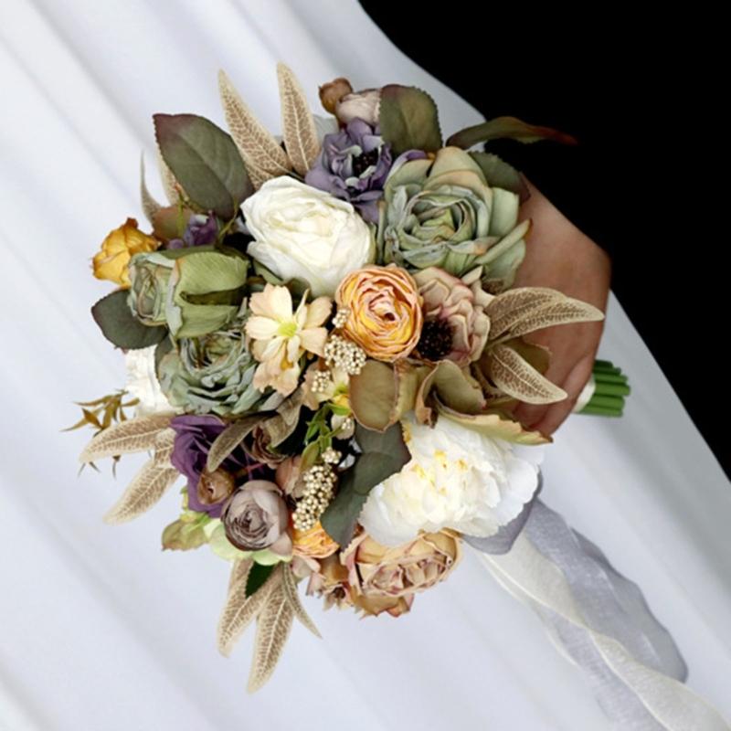 Artificial Flower Wedding Bouquet for Bride Bridesmaid Elegant Silk Flower Champagne Bridal Bouquet for Formal Occasion