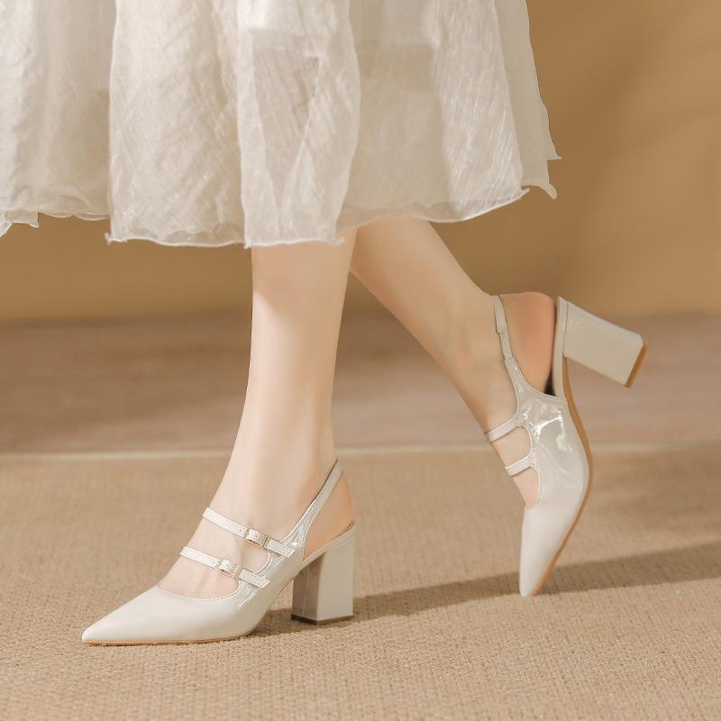Nude high heels female pointed new autumn patent leather back empty temperament single shoes fairy thick heel summer sandals