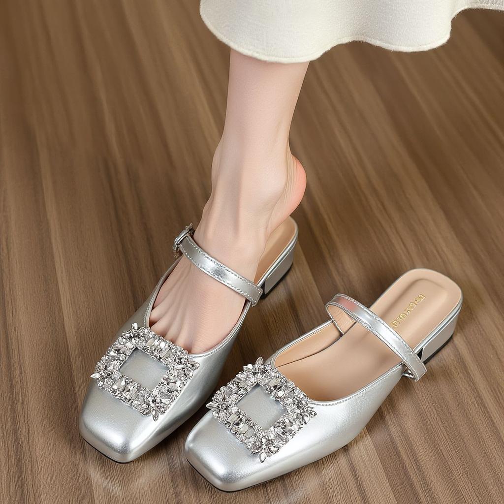 Silver Bag Head Slippers Women's French Thick Heel 2025 New Fairy Square Head One-word Buckle with Mary Jane Single Shoes