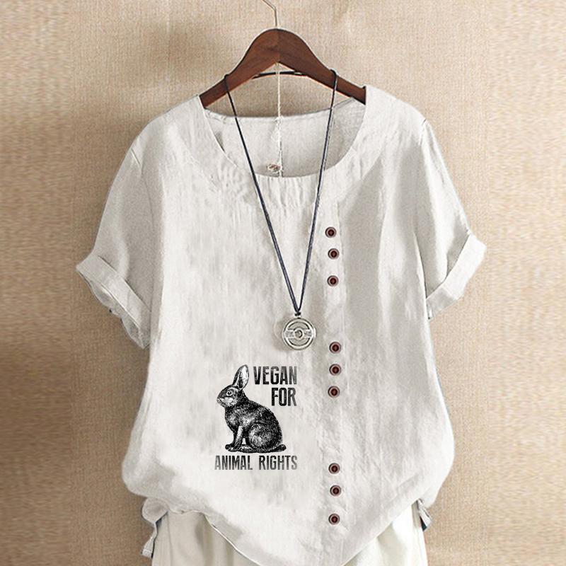 Women's Fashion Cute Rabbit Prined Round Neck Short Sleeve T-shirt Casual Cotton Linen Graphic Shirt Leisure Loose Summer Blouse Tops