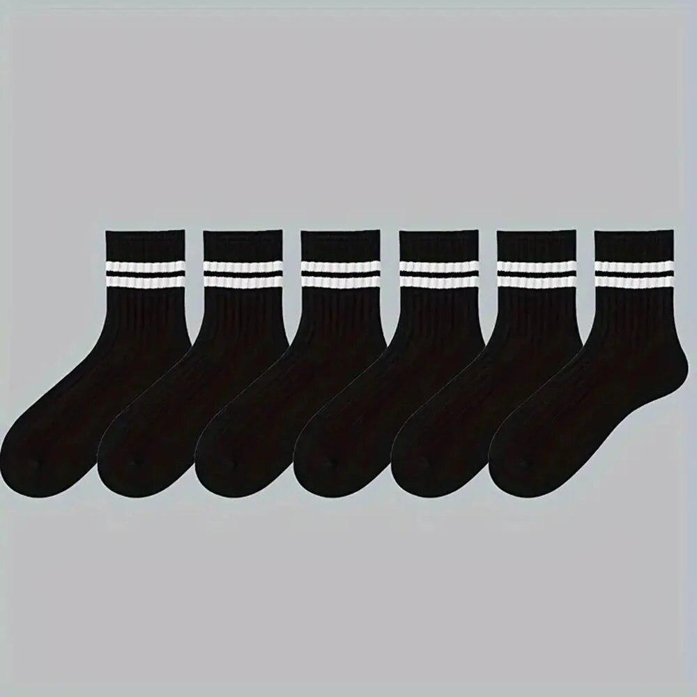 6 Pairs Men's Socks Spring Autumn Simple Casual Black White Striped Socks Breathable Mid Tube Sock High-quality Round Neck Socks