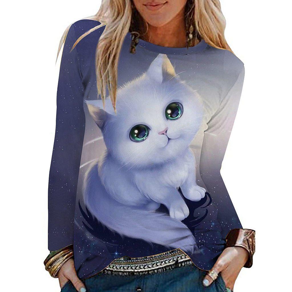 

Round Neck Cat Dog 3D Printed Top Casual Long Sleeved Women s T-shirts - Soft Medium Stretch Polyester Fabric Spring and Autumn Relaxed Fit Clothing 5XL