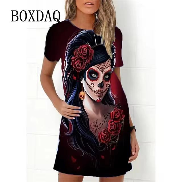 Elegantes Damen-Mode-Midikleid mit kurzen Ärmeln und 3D-Druck, Übergröße, Strandbekleidung