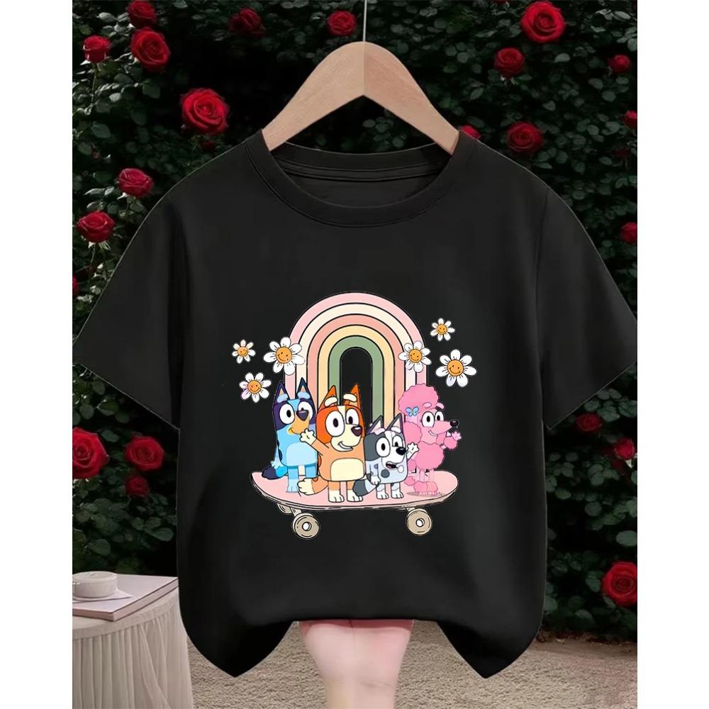 Kids Casual Tee Street Fashion Bluey Popular Cartoon Print For Boys Girls Summer Soft Comfort Tops 3-14 Age