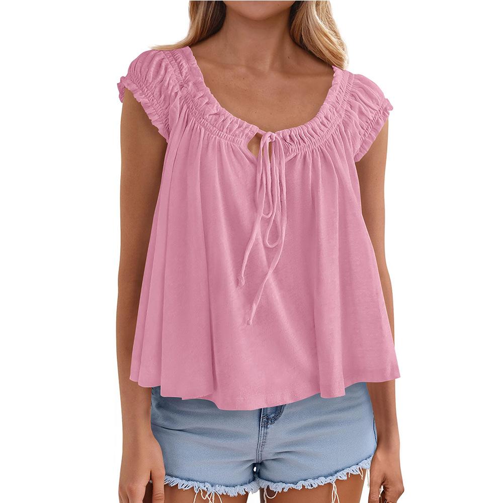 Womens Off Shoulder Ruffle Short Sleeve Tie Front Loose Blouse