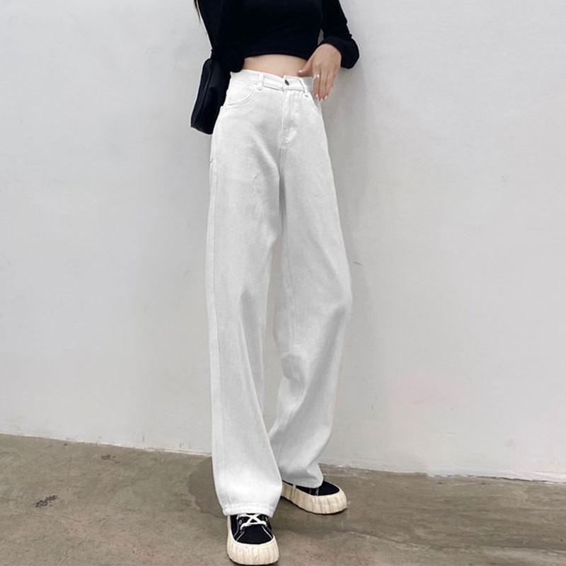 White denim wide-leg trousers, women's pear-shaped figure, high waist, small man, loose hip covering, large size straight mopping pants