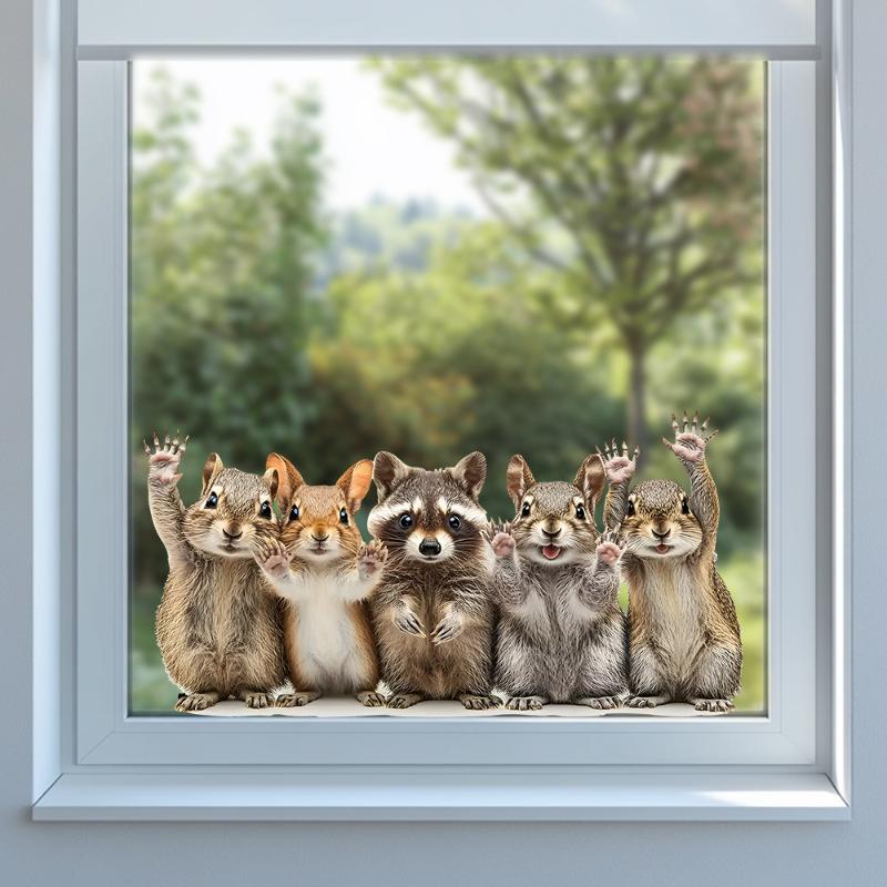 Adesivi Finestra Animali Carini del Bosco Scoiattolo & Procione che Salutano Vetro Artistico Decalcomanie Per Casa Soggiorno Camera da Letto